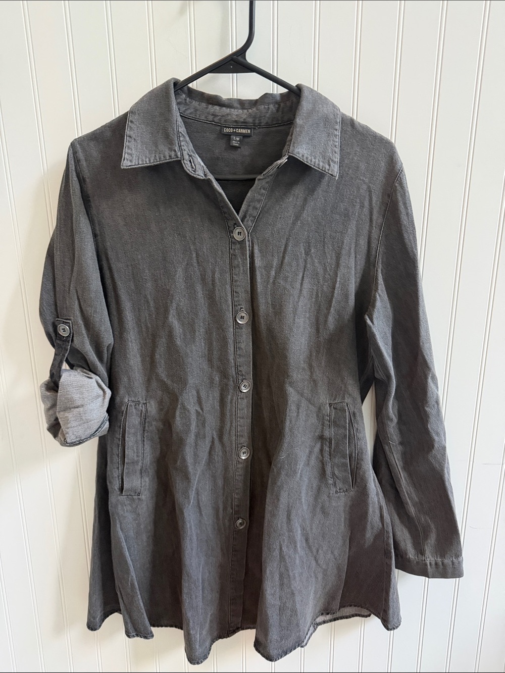 (375)Coco + Carmen S/M Charcoal Washed Button Front Tunic Shirt Jacket Roll Tab